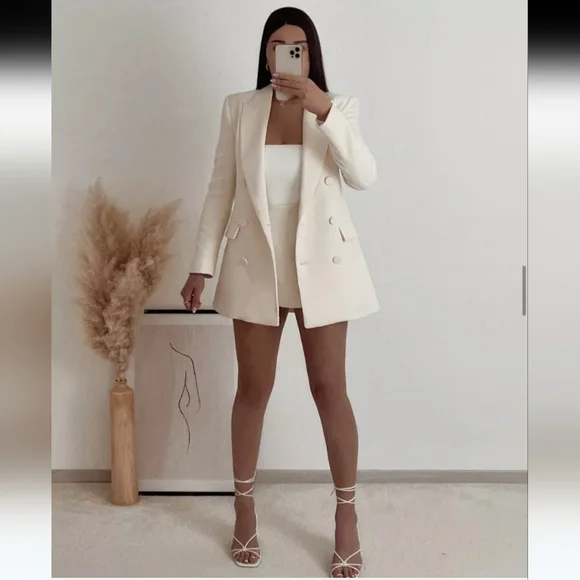 ZARA DOUBLE BREASTED LONG BLAZER COAT JACKET ECRU XS - Picture 2 of 12